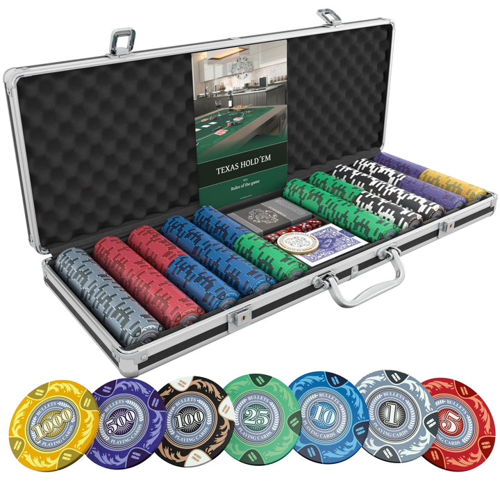 Bullets Playing Cards | Pokerkoffer „Tony“ mit 500 Clay Pokerchips 14g | Pokerset mit Karten, Würfel