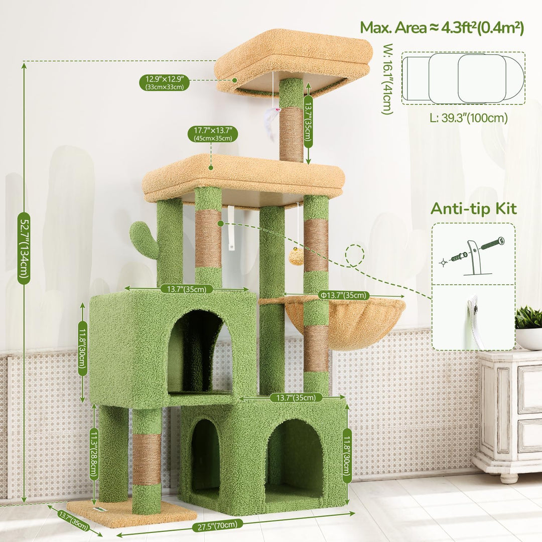 Globlazer Kratzbaum Kaktus Grün mit 2 Katzenhaus, Grosse Gepolsterte Plattform, Sitzstangen, Katzenk