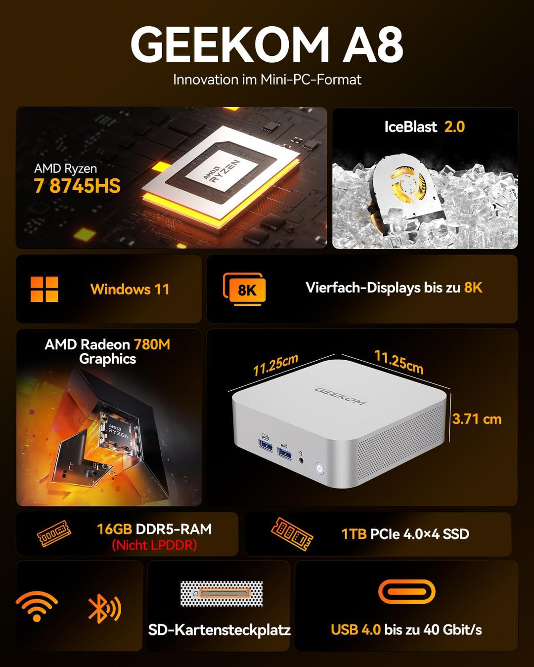GEEKOM A8 [Die besten Office Mini-PCs] Mini PC mit AMD Ryzen 7 8745HS(3-Jahren-Garantie), 16GB DDR5