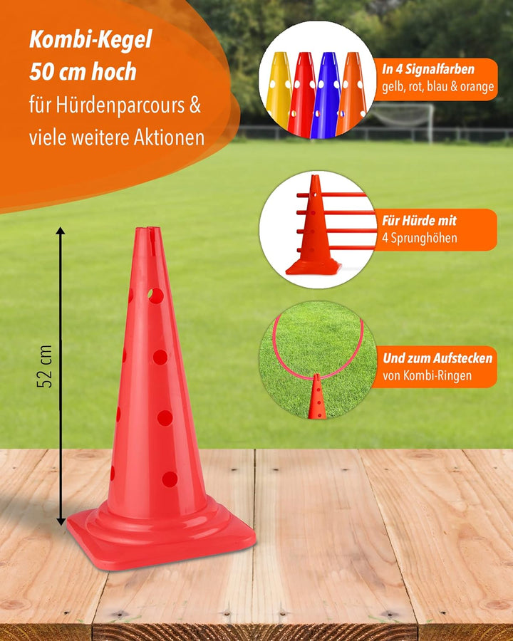 Kombi Kegel 50 cm – 4 im Set – Parcours-Hindernis für Agility-Training – Sprung- & Slalom-Hütchen fü