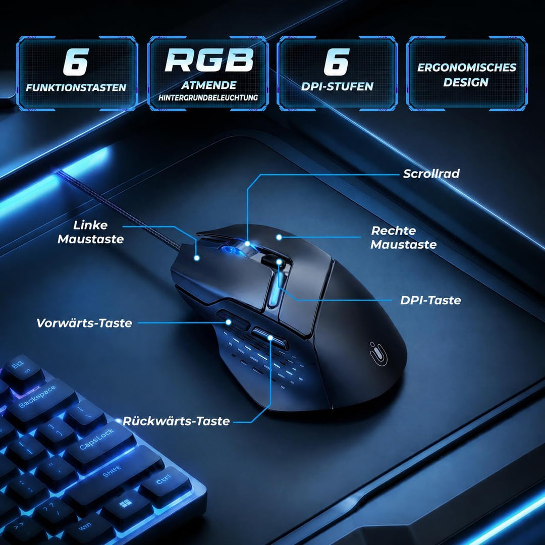 Uineer Kabel-Gaming-Maus, 12800 DPI Maus mit Gaming-Sensor, 6 programmierbare Tasten, 1000 Hz Pollin