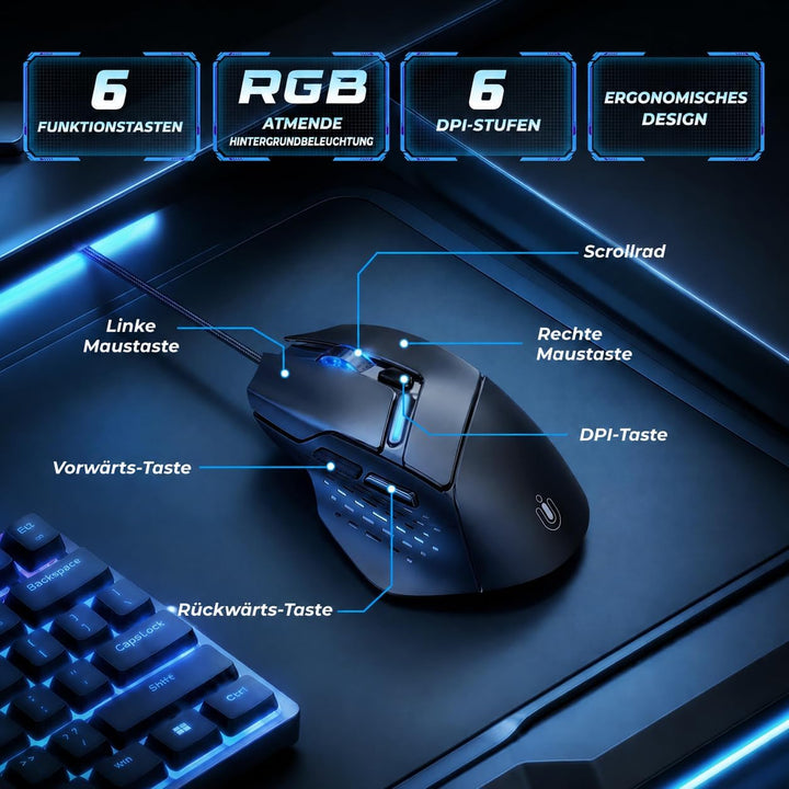 Uineer Kabel-Gaming-Maus, 12800 DPI Maus mit Gaming-Sensor, 6 programmierbare Tasten, 1000 Hz Pollin