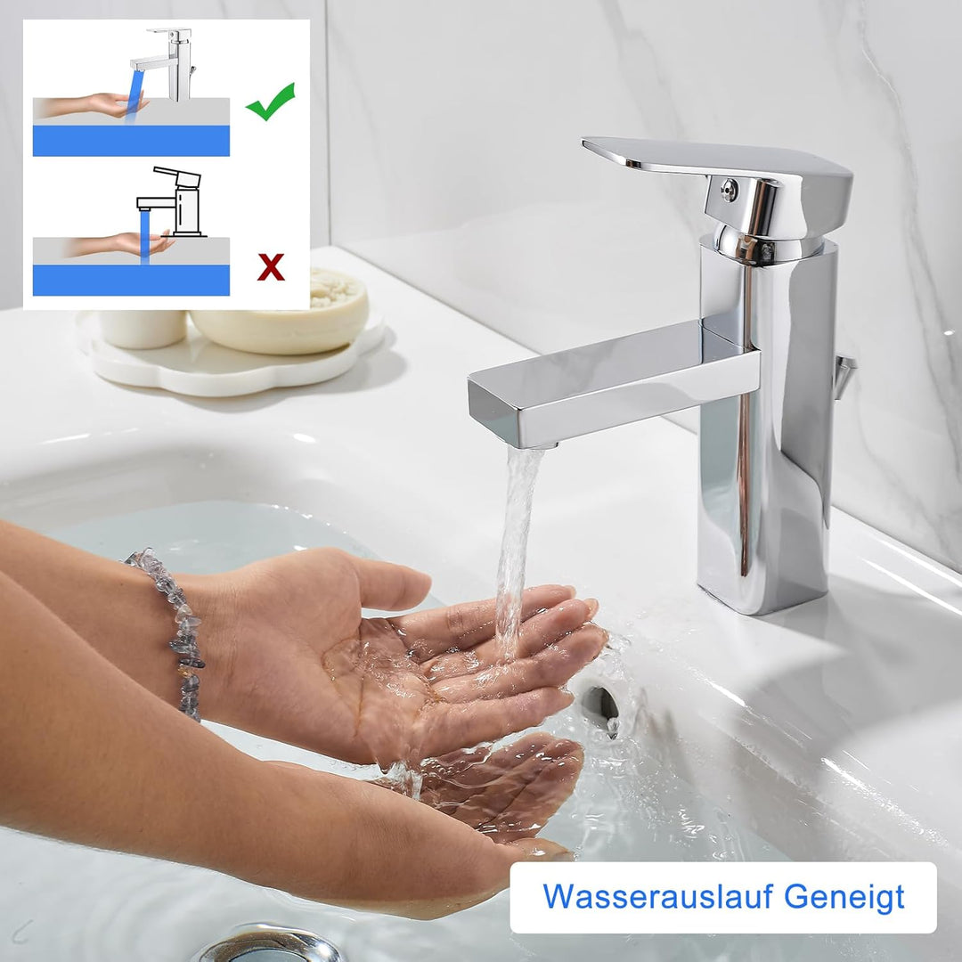 Wasserhahn Bad mit Zugstangen-Ablauf, Waschtischarmatur Einhebelmischer mit Auslauf Höhe 90 mm, Bada