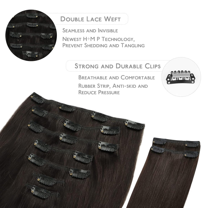 WENNALIFE Clip In Extensions Echthaar, 150g 40cm 9pcs Dunkel Braun Clip In Extensions Hair Extension