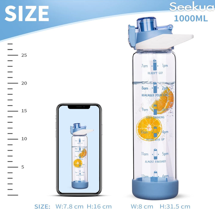 Seekua 1l Sport Trinkflasche Glas Flasche mit Strohhalm & Zeitmarkierung auslaufsicher bpa frei 1 li