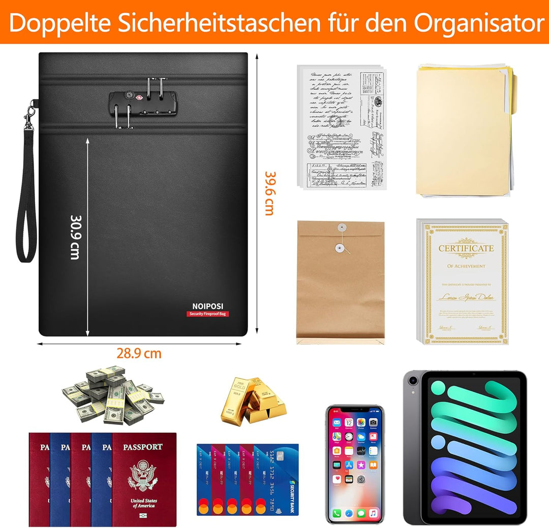 Noiposi 6400℉ Feuerfeste Dokumententasche mit Schloss, 38,1x27,9 cm Feuerfeste Tasche mit 2 Fächern