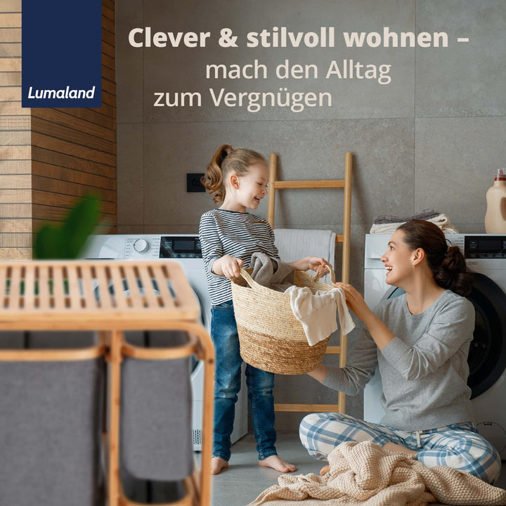 Lumaland Wäschekorb aus Bambus mit 3 ausziehbaren Wäschesäcken | Grösse ca. 71 cm Höhe x 50 cm Breit