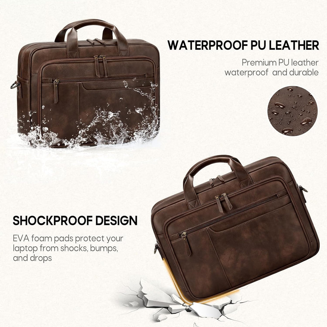 RAINSMORE Aktentasche Herren Vintage PU Leder 16 Zoll Laptoptasche | Arbeitstasche, Wasserdicht Lede