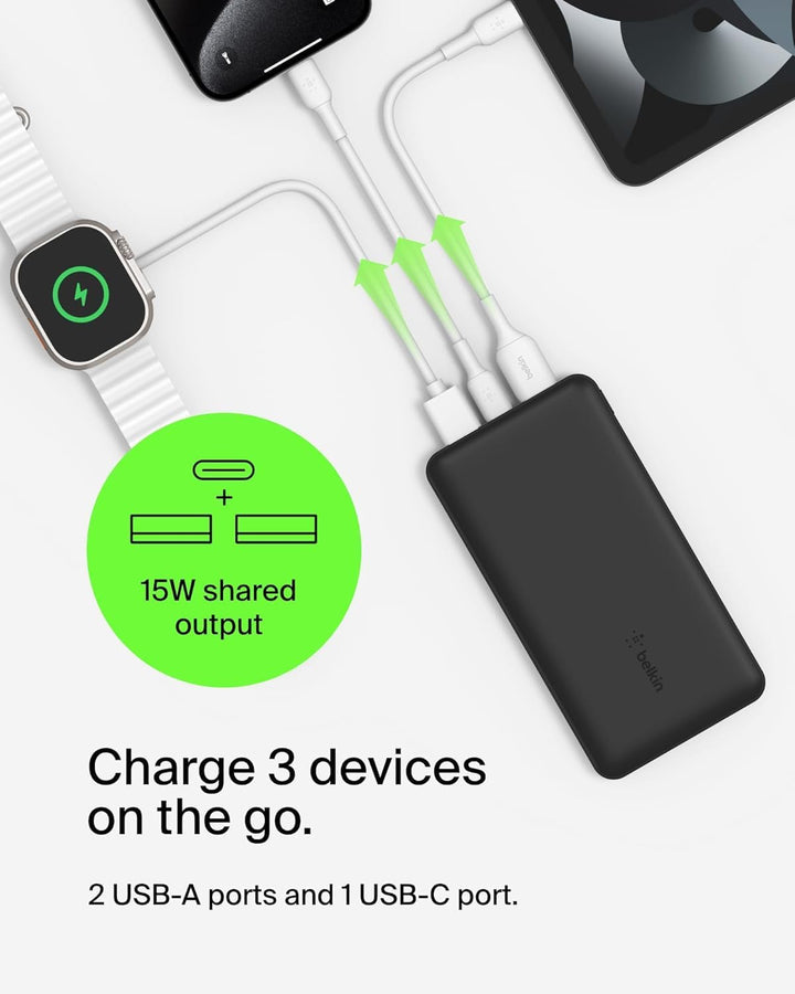 Belkin Powerbank 10000mah, tragbares USB-C-Ladegerät mit 1 USB-C- & 2 USB-A-Anschlüssen, Akkupack zu