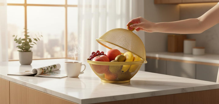 Obstschale mit Deckel, Obstkorb aus Metall - Netz-Obstschalen in Mehreren Farben, Langlebiger & Deko