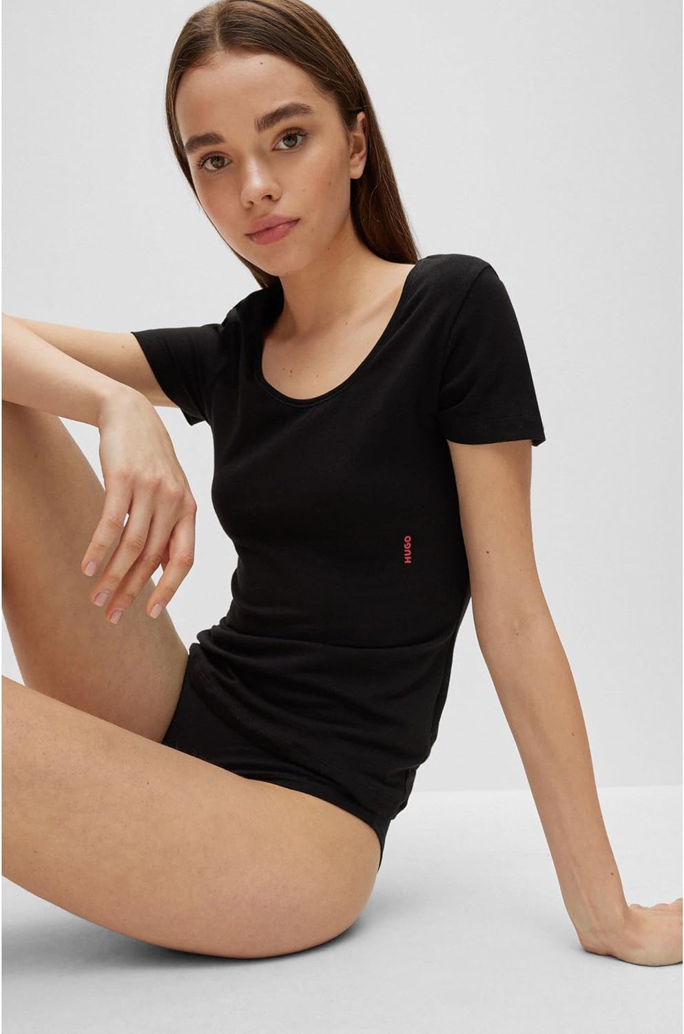 HUGO Damen Twin T-Shirt RN Zweier-Pack T-Shirts aus Stretch-Baumwolle mit Logos, Black1