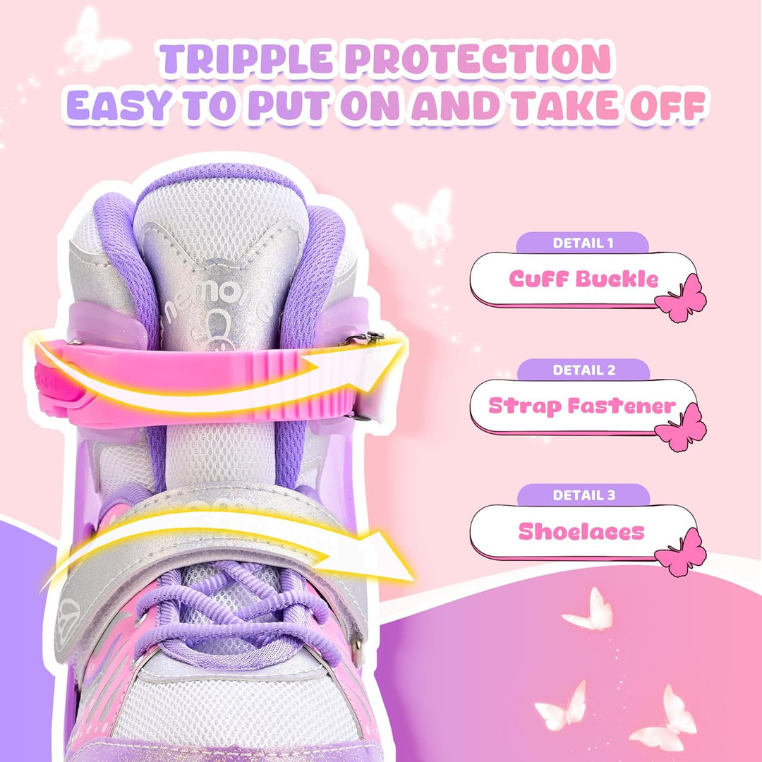 NEMONE Rollschuhe für Mädchen Kinder 4 Grössen Verstellbar Blau Violett Rollschuhe für Kinder Drinne