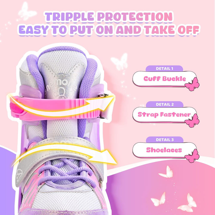 NEMONE Rollschuhe für Mädchen Kinder 4 Grössen Verstellbar Blau Violett Rollschuhe für Kinder Drinne