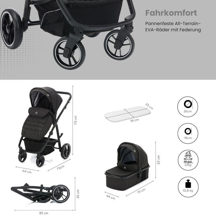 Fillikid 4-1 Kombi-Kinderwagen-Set Fill Jaguar mit Sportsitz, Babywanne mit Matratze, Babyschale, Wi