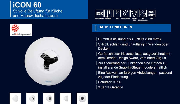 Airflow iCON 60 Abluftventilator 78 l/s – 150mm – Iris‑Rückstauklappe – Optional erweiterbar mit Feu