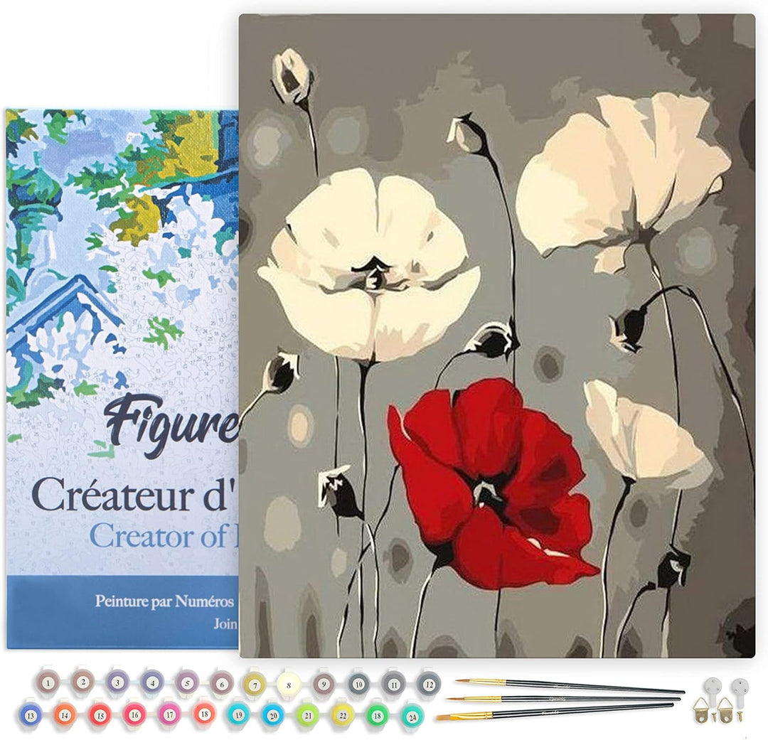 Figured'Art Malen Nach Zahlen Erwachsene Mit Rahmen Rote und weisse Blumen - Paint by Numbers Bastel