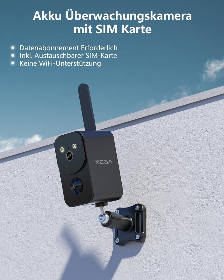 Xega 4G LTE Überwachungskamera mit SIM Karte 10000mAh Akku – Drahtlose Aussen Innen Tragbare Kamera