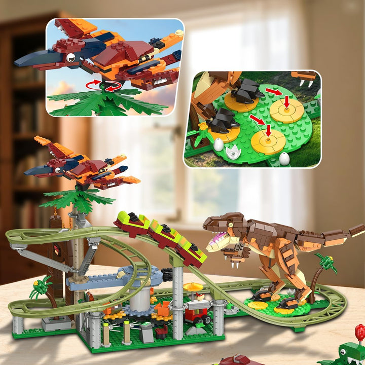 HOGOKIDS Dinosaurier Achterbahn Bausteine Spielzeug – 1222pcs Achterbahn Bauspielzeug mit 4 Dinosaur