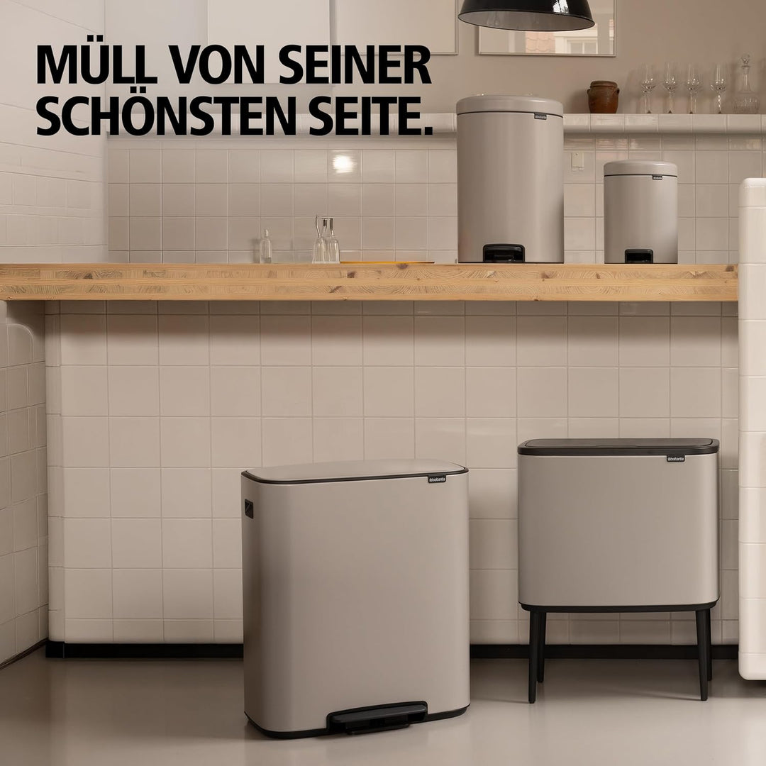 Brabantia Bo Tretmülleimer – 2 x 30 l Inneneimer (Soft Grey) Grosser Abfalleimer-/Recycling Behälter