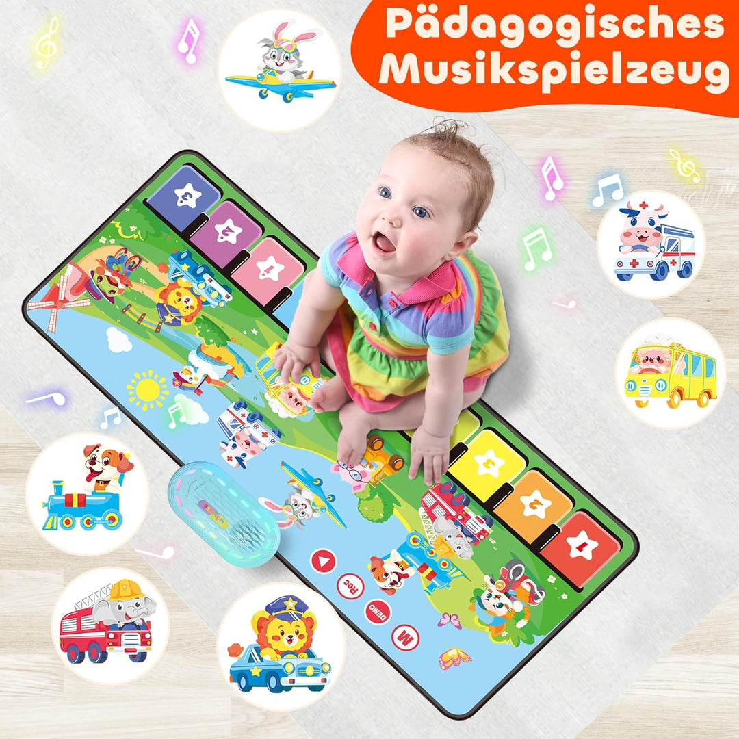 MOMUSE Baby Spielzeug ab 1 Jahr mit 80 Tönen, Upgraded Musik Matte mit 10 Tiere &amp; 10 Autos, Klavierm