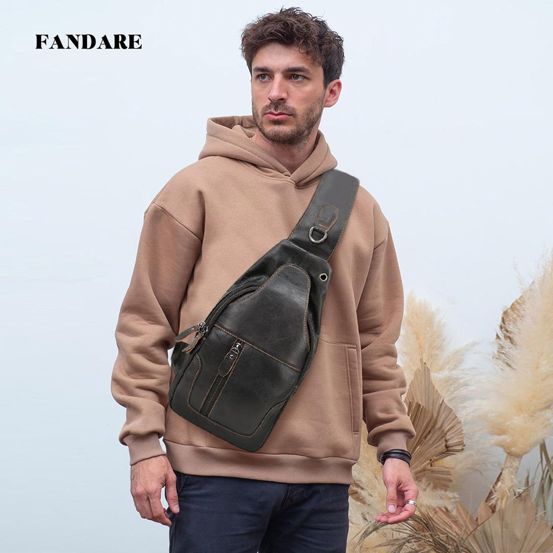 FANDARE Retro Brusttasche Leder Sling Bag Schultertasche Herren Damen Umhängetaschen Sporttasche für
