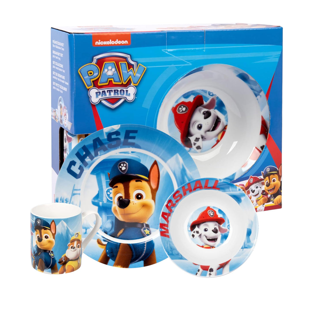 Paw Patrol Frühstücksset für Kinder - Geschirr Set 3-teilig Teller, Schale &amp; Tasse aus Porzellan