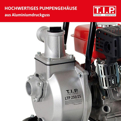 T.I.P. Benzin Wasserpumpe - Motor Gartenpumpe (15.000 l/h Fördermenge, 25 m Förderhöhe, 2,5 bar Druc