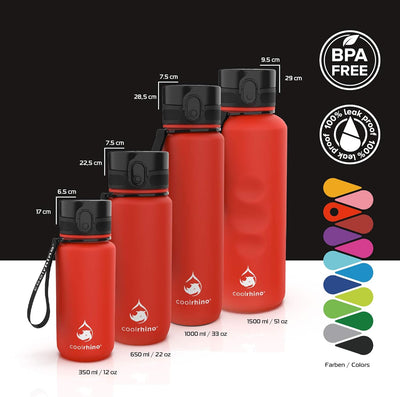 coolrhino Trinkflasche 350ml I 650ml I 1L I 1,5L für Sport, Outdoor, Schule, Fitness & Kinder - Wass