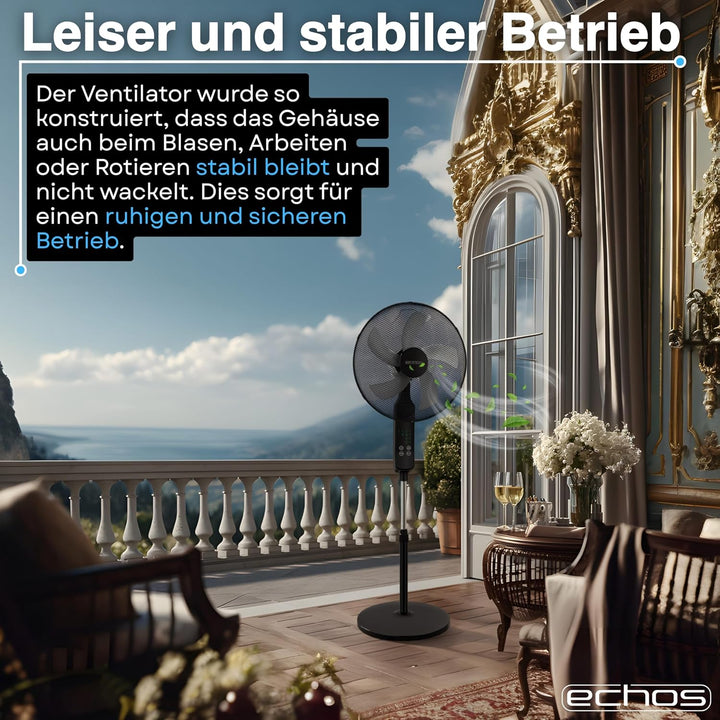 Echos® Standventilator 46cm Leise mit Fernbedienung 46 cm – 50W Leistungsstarker Standlüfter mit 3 G