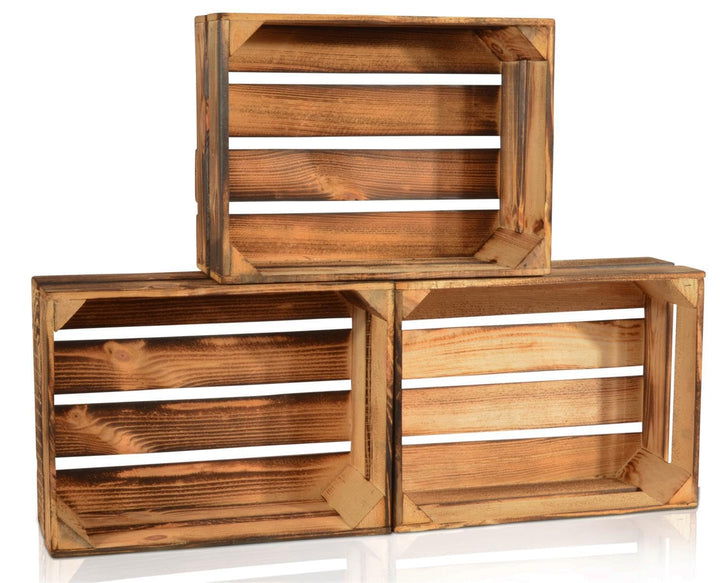 4 Set Geflammte Obstkisten - 38x28x15cm Holzkisten Weinkisten Apfelkisten 38x28x15cm Hell Geflammt 4