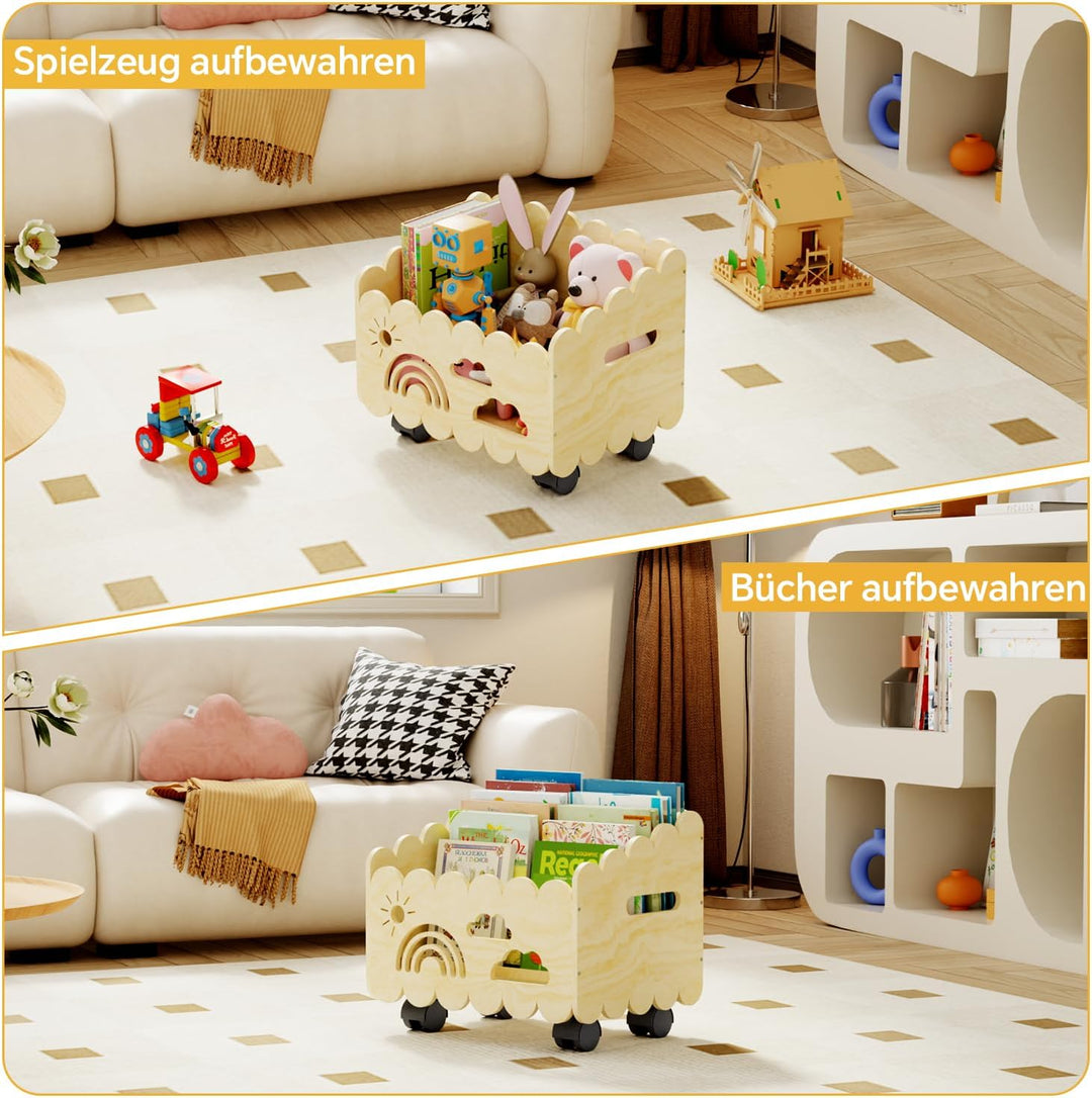 Kinder Bücherregal Holz mit Rollen, Montessori Bücherregal Kinder, Bücherkiste für Leseecke, Babyzim