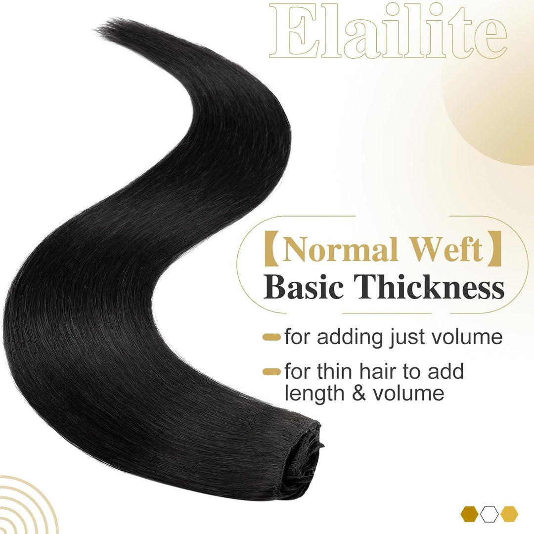 Elailite Extensions Echthaar Clip in 8 Tressen Glatt #1 Schwarz, Haarverlängerung Real Human Haar 20