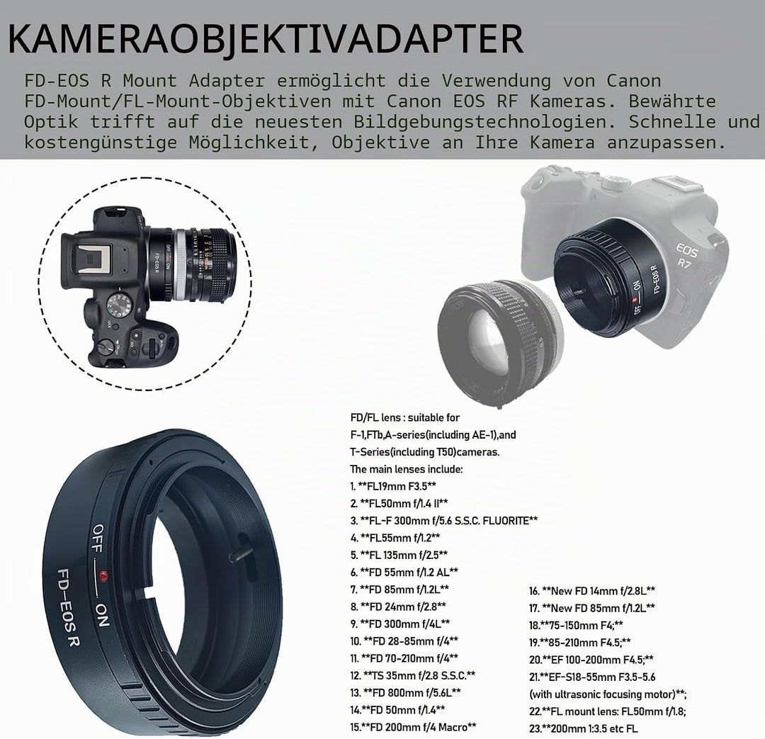 FD-EOS R Objektivadapter Adapterring auf für Canon FD/FL Objektiv Kompatibel für EOS R-Mount Kamera