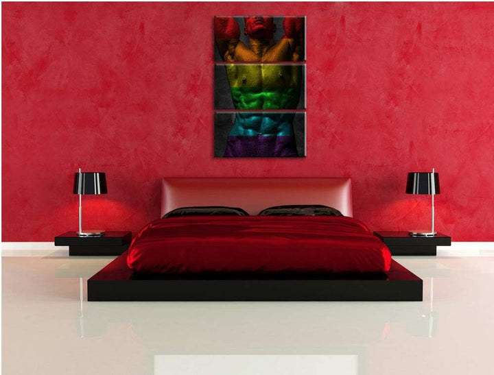 Pixxprint Sixpack Body Mann Regenbogen 3-Teiler Leinwandbild 120x80 Bild auf Leinwand
