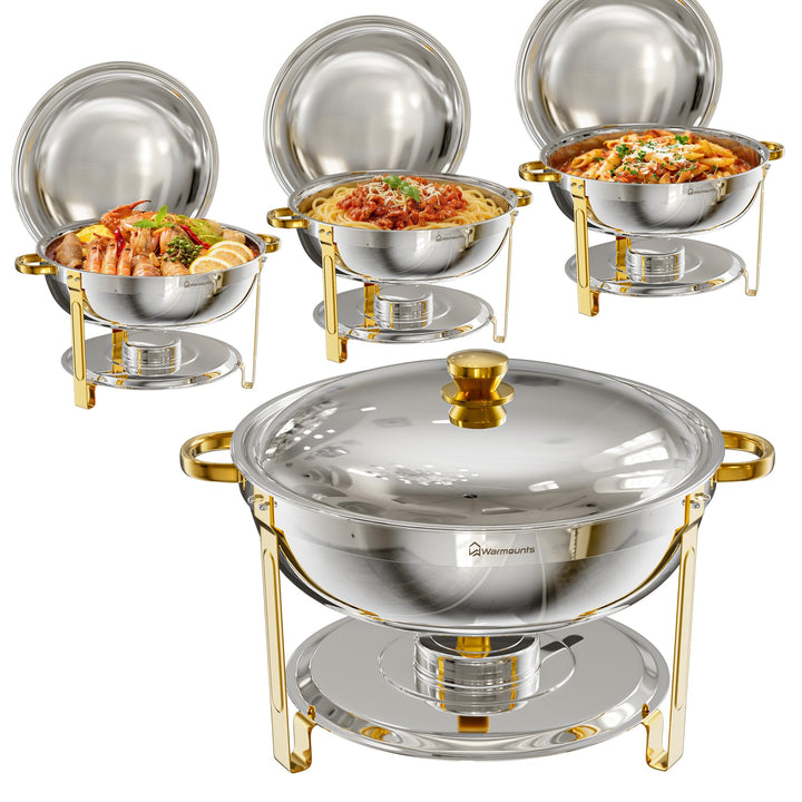 WARMOUNTS Chafing Dish 4er Set 7,5L, Speisenwärmer Buffet Rund Edelstahl mit Gold-Akzenten & Deckelh