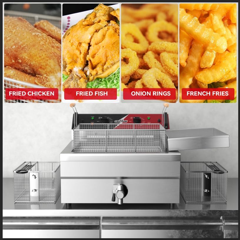 CROSSON Kommerzielle Elektrische Fritteuse 6500W 12L Grosse Edelstahl Fritteuse mit Ablaufhahn,3 Kor