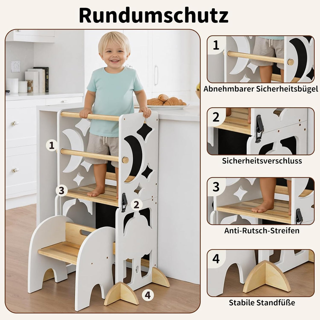 COSYLAND Lernturm ab 1 Jahr, klappbar – 4in1 Lernturm Kinder mit Doppeltafel, Stehhilfe & Schreibtis