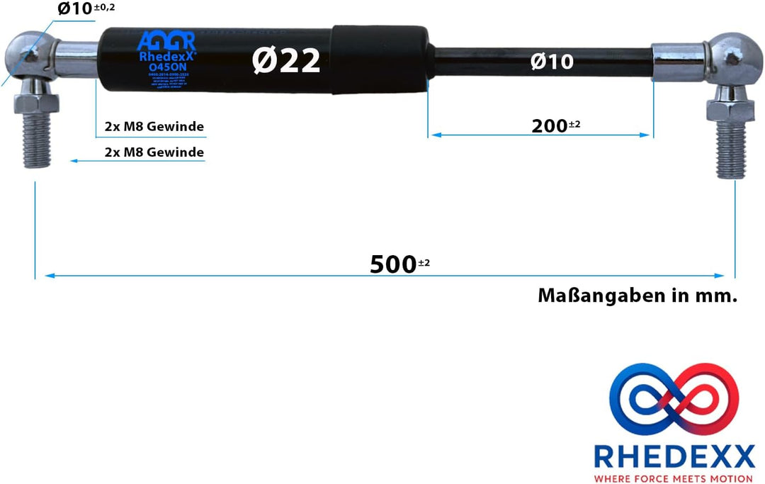 Gasdruckfeder Winkelgelenk 500mm/200mm/100N RhedexX® Gasdruckdämpfer mit M8 Kugelgelenk Kugelkopf (1