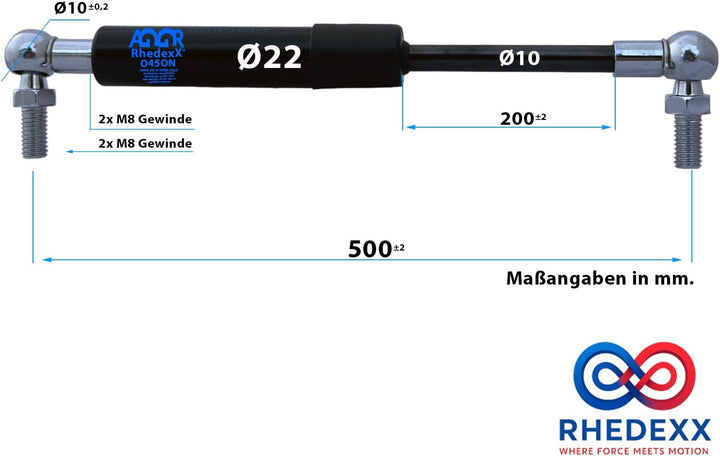 Gasdruckfeder Winkelgelenk 500mm/200mm/100N RhedexX® Gasdruckdämpfer mit M8 Kugelgelenk Kugelkopf (1