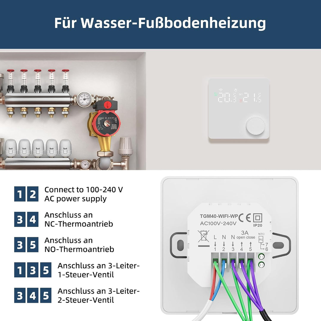 Beok Fussbodenheizung Thermostat Digital, WiFi Wasser Fussbodenheizung Smart Raumthermostat Tagespro