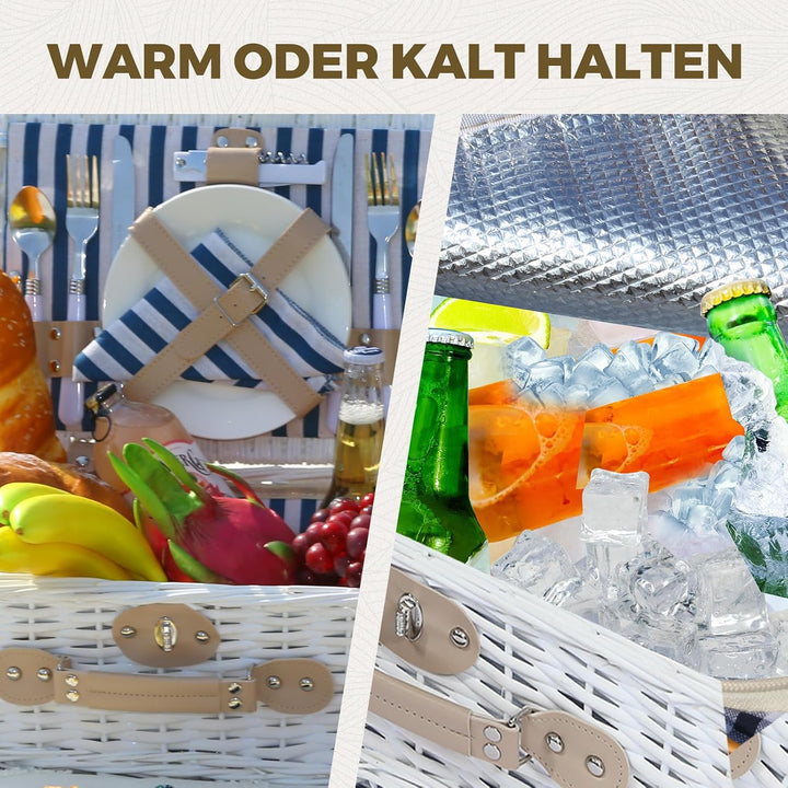 Picknickkorb Set für 2 Person mit Kühlfach, Abnehmbarer Riemen, Weinbeutel, Besteck Set, für Camping