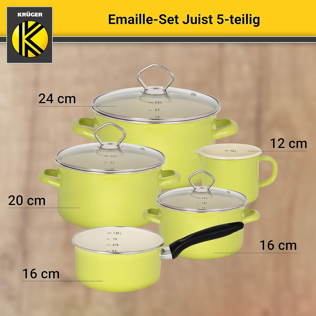 KRÜGER Emaille-Set Juist 5 teilig - Emaille-Topfset aus Fleischtopf, Stieltopf und Milchtopf - Töpfe