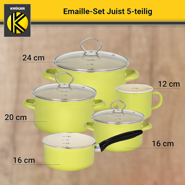 KRÜGER Emaille-Set Juist 5 teilig - Emaille-Topfset aus Fleischtopf, Stieltopf und Milchtopf - Töpfe