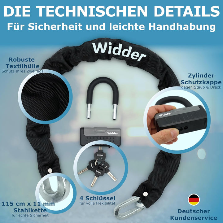 Widder Titan-Stahl [Level 15] Kettenschloss mit 4 Schlüssel - 115cm lang & 11mm massiv - für Motorra