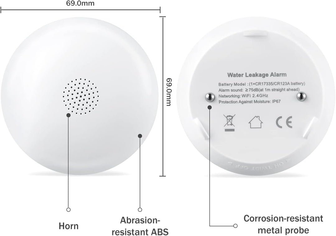 HEIMAN Wi-Fi Wasseralarm,WLAN Wassermelder mit Batterie,Smart Wassersensor,75 dB WiFi-2.4Ghz für Küc