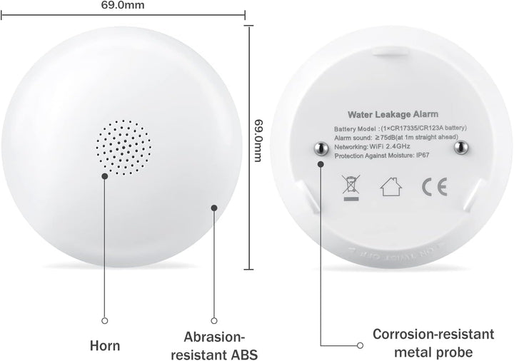 HEIMAN Wi-Fi Wasseralarm,WLAN Wassermelder mit Batterie,Smart Wassersensor,75 dB WiFi-2.4Ghz für Küc