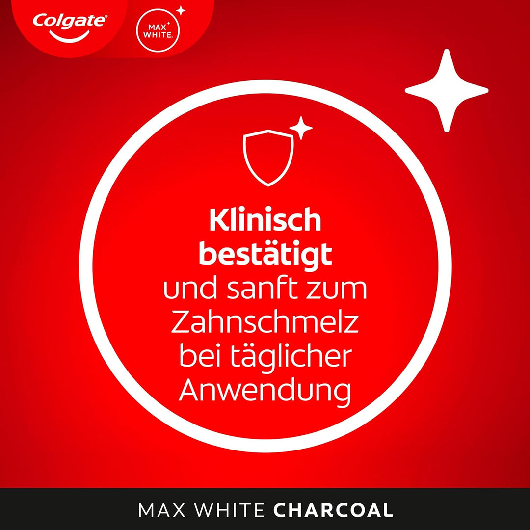 Colgate Zahnpasta Max White Charcoal, 12 x 75ml - Zahncreme mit Aktivkohle, entfernt bis zu 100% der