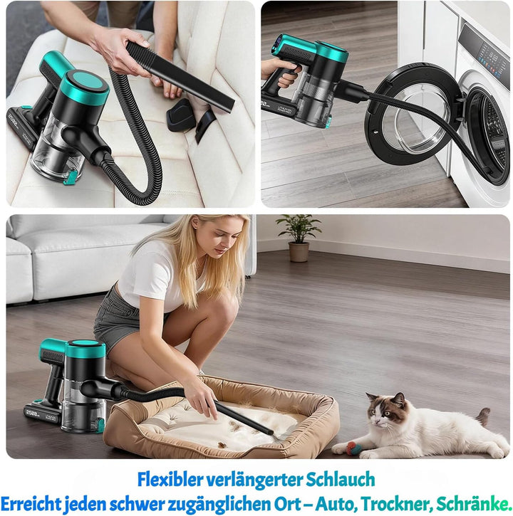 Akku Staubsauger 50KPa/500W/55Mins, Staubsauger Kabellos mit Wandmontierte Ladestation, Selbststehen