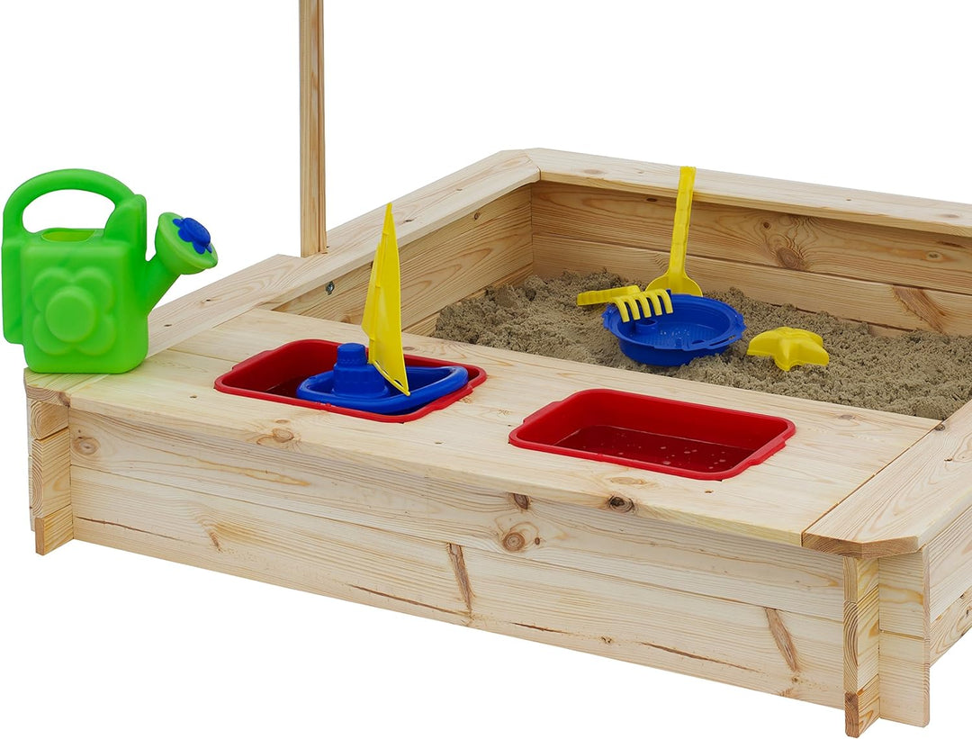 beluga Spielwaren 50380 -Sandkasten mit Wasser-Matsch-Bereich und Rot/weissem Dach, natur / rot