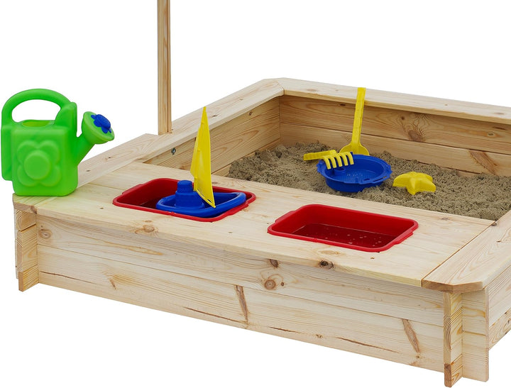 beluga Spielwaren 50380 -Sandkasten mit Wasser-Matsch-Bereich und Rot/weissem Dach, natur / rot